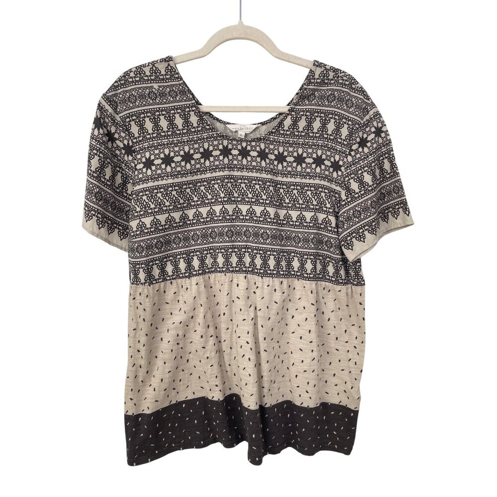 Braintree Blouse Size Large Printed Short Sleeve Scoop Neck Black Beige Tencel